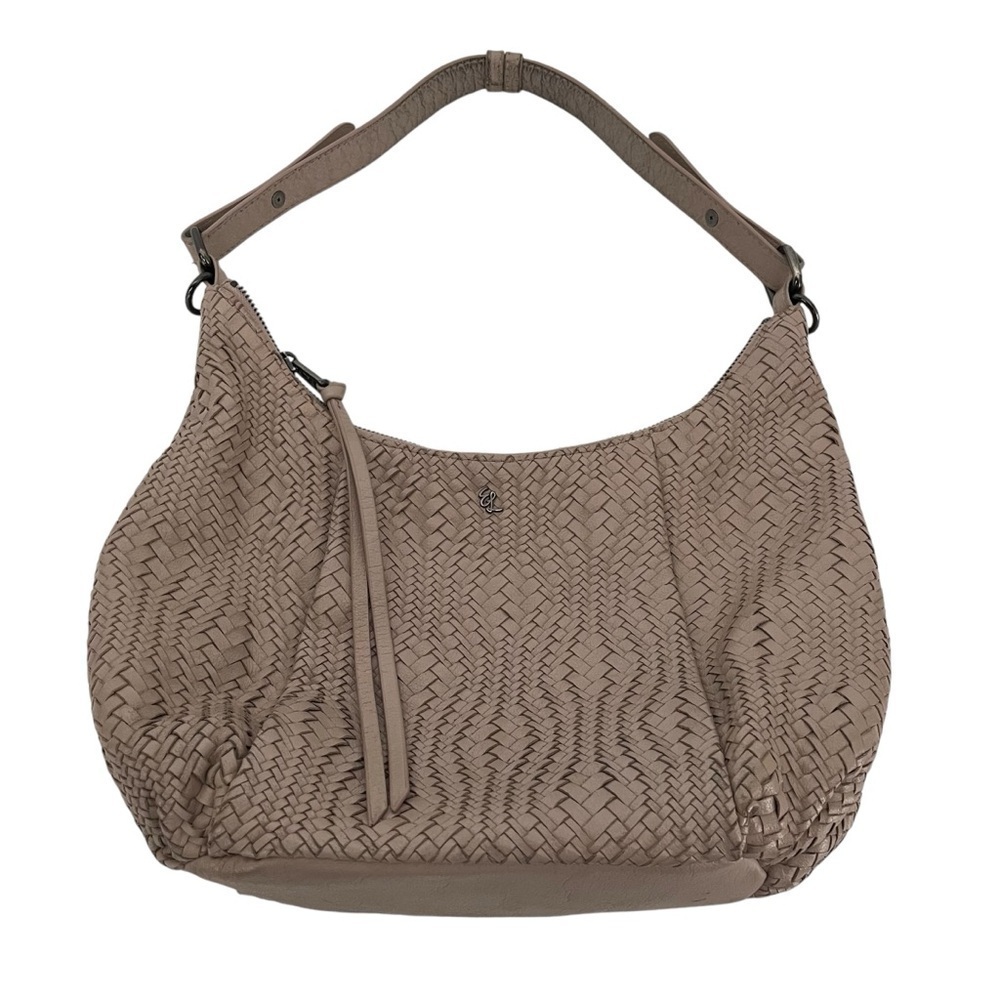 Elliott Lucca Taupe Nude Woven Leather Hobo Medium Bag Purse Logo Zip Classic